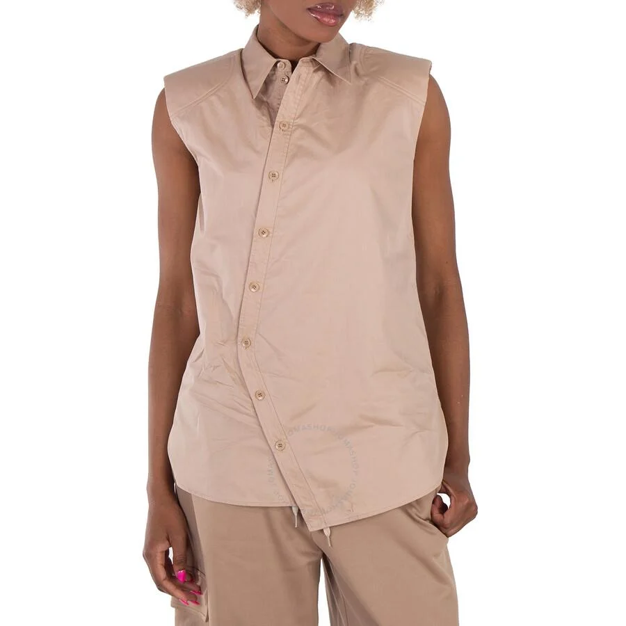 Tibi Sleeveless Poplin Shoulderpad Shirt In Sand