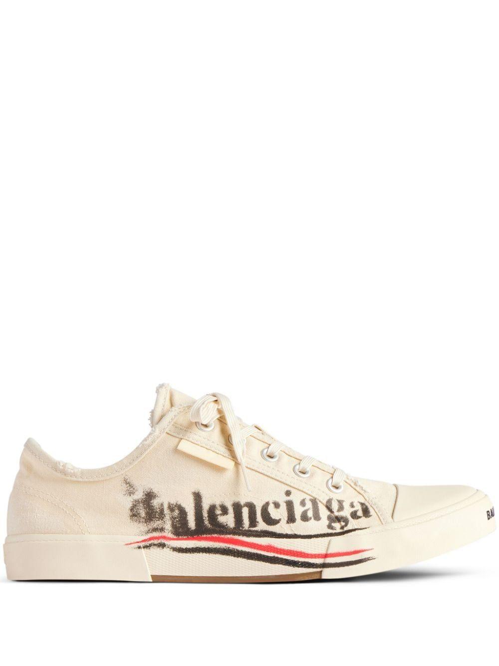 BALENCIAGA Men's White Low Political Logo Sneakers for SS24