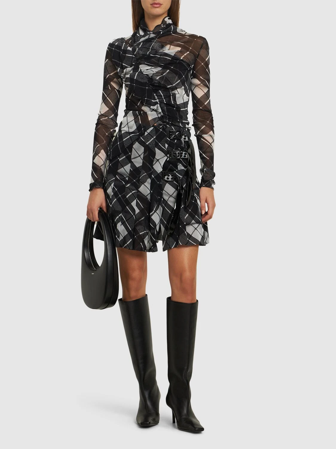 Distorted Tartan printed mesh skirt