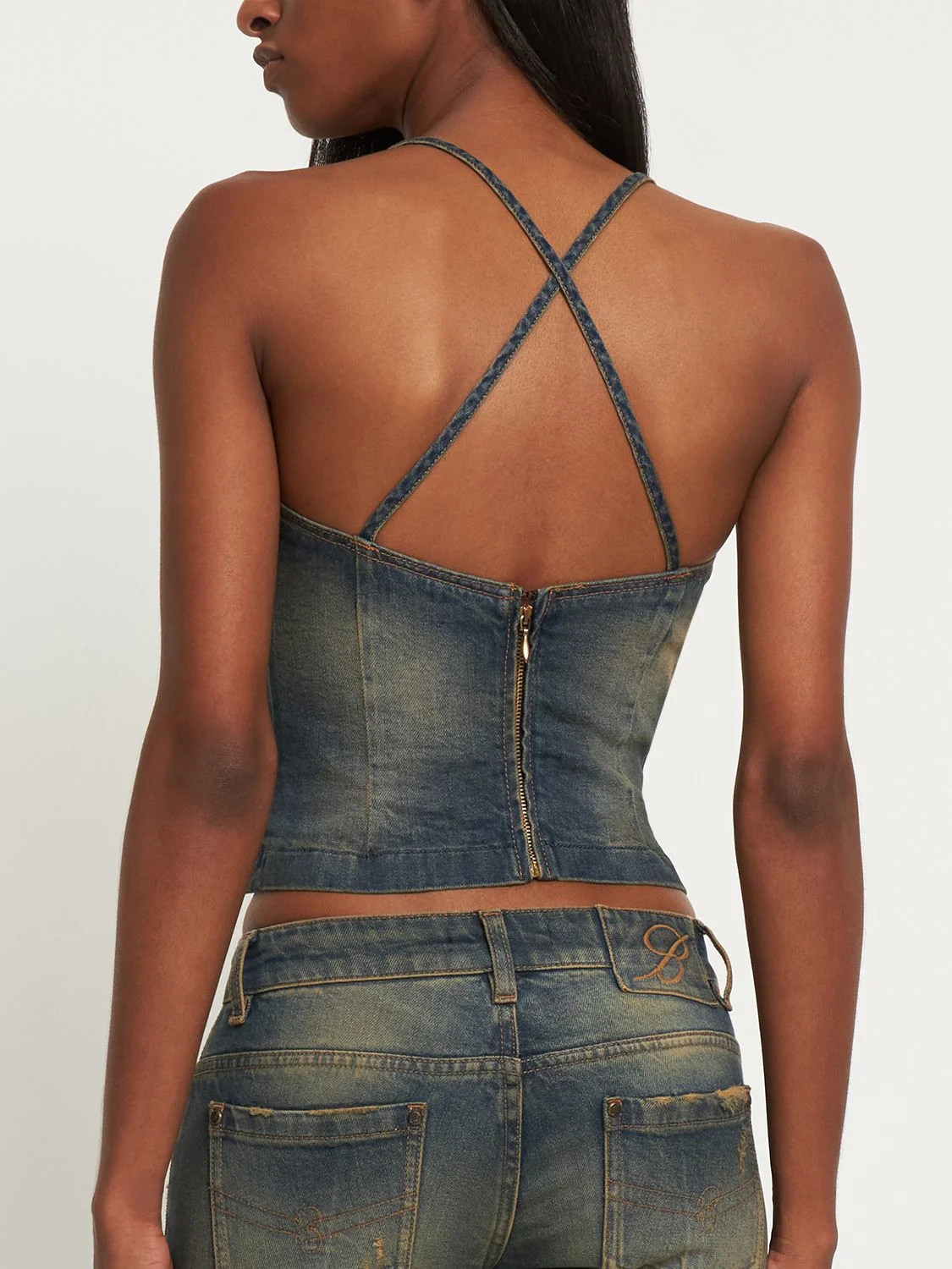 Denim studded corset crop top