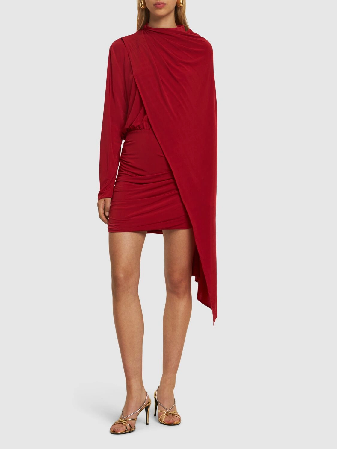 Asymmetric draped cape jersey mini dress