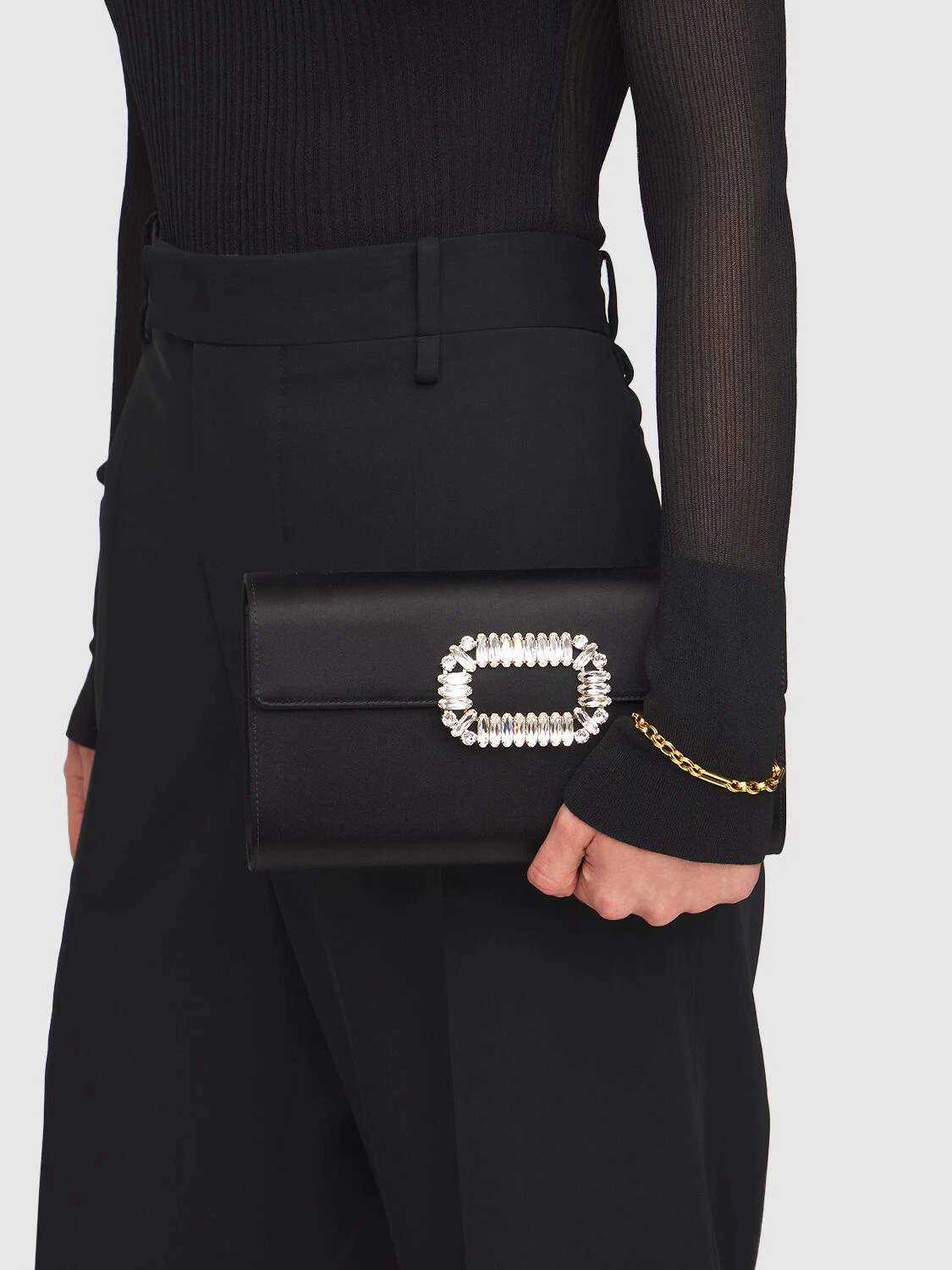 Crystal buckle satin envelope clutch