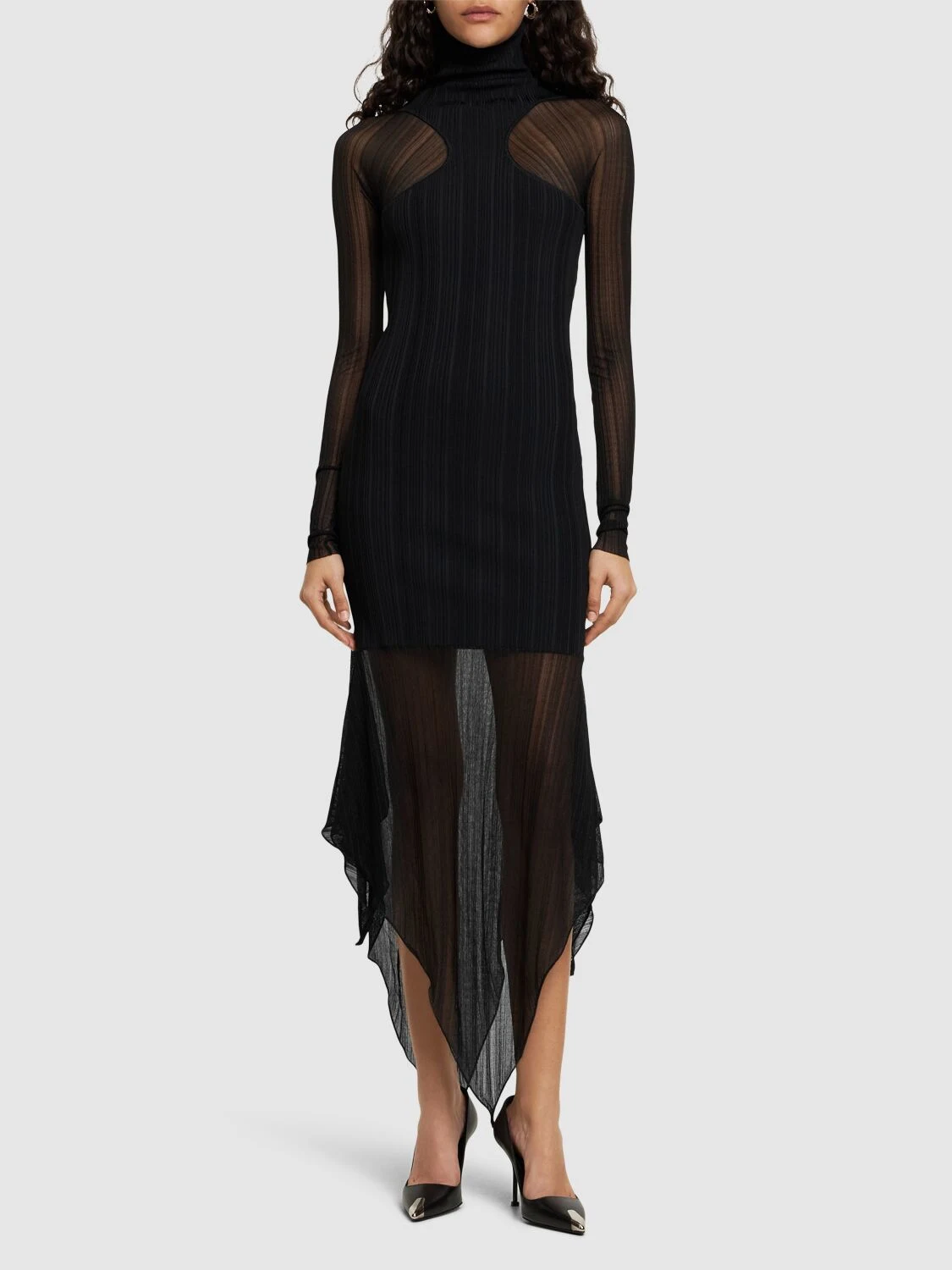 Plissé rib knit turtleneck midi dress