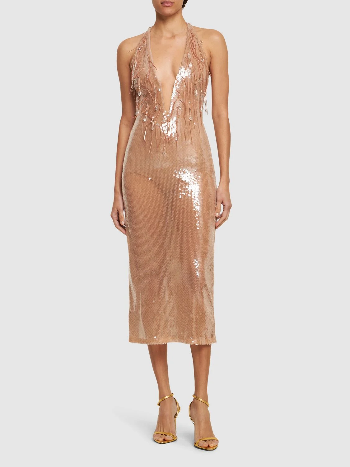 Wet sequined deep v-neck midi dress