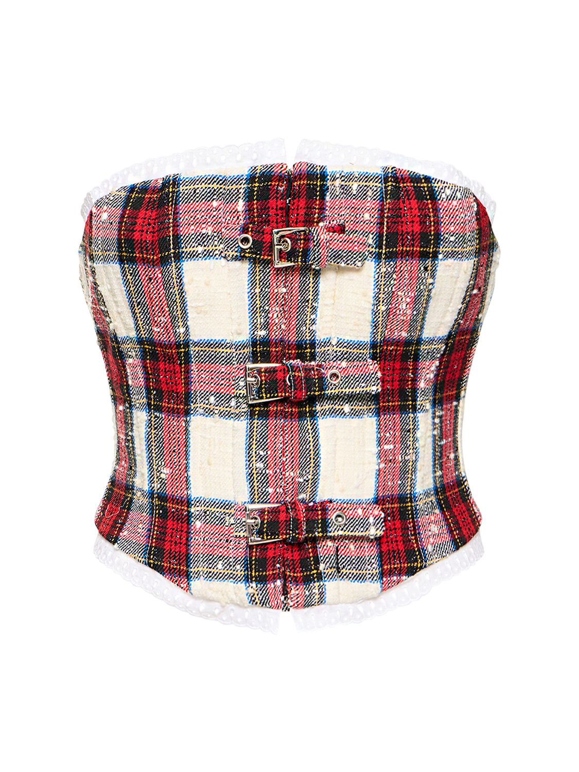 Checked lurex bustier w/ buckles