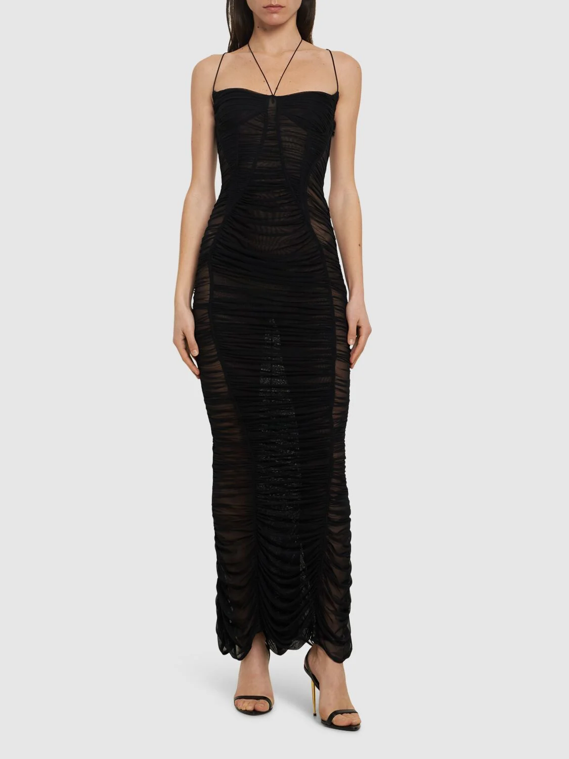 Draped mesh long dress