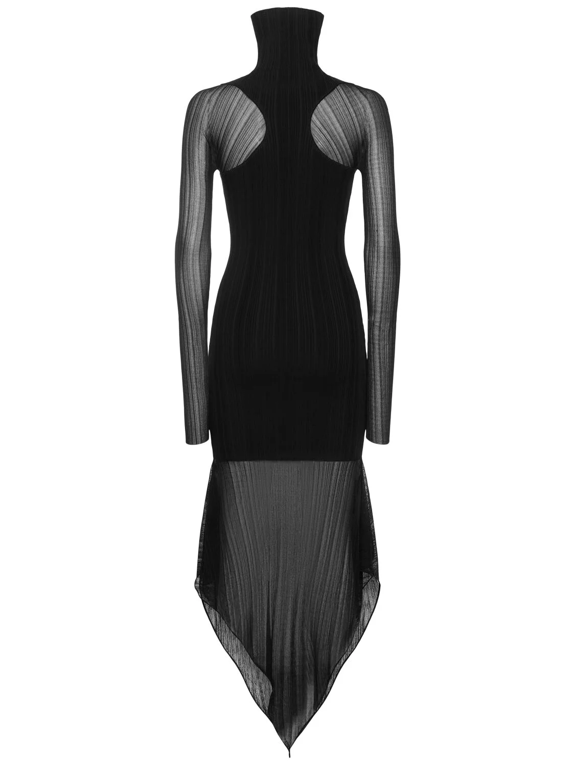 Plissé rib knit turtleneck midi dress