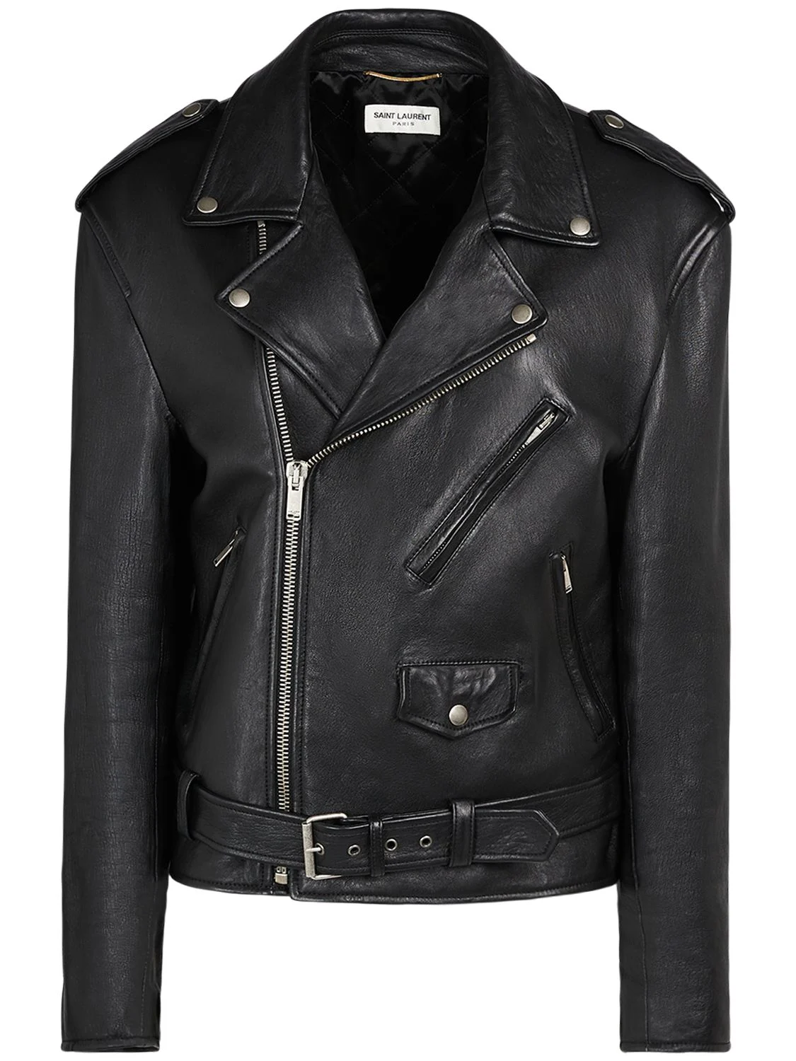 Belted leather zip-up jacket