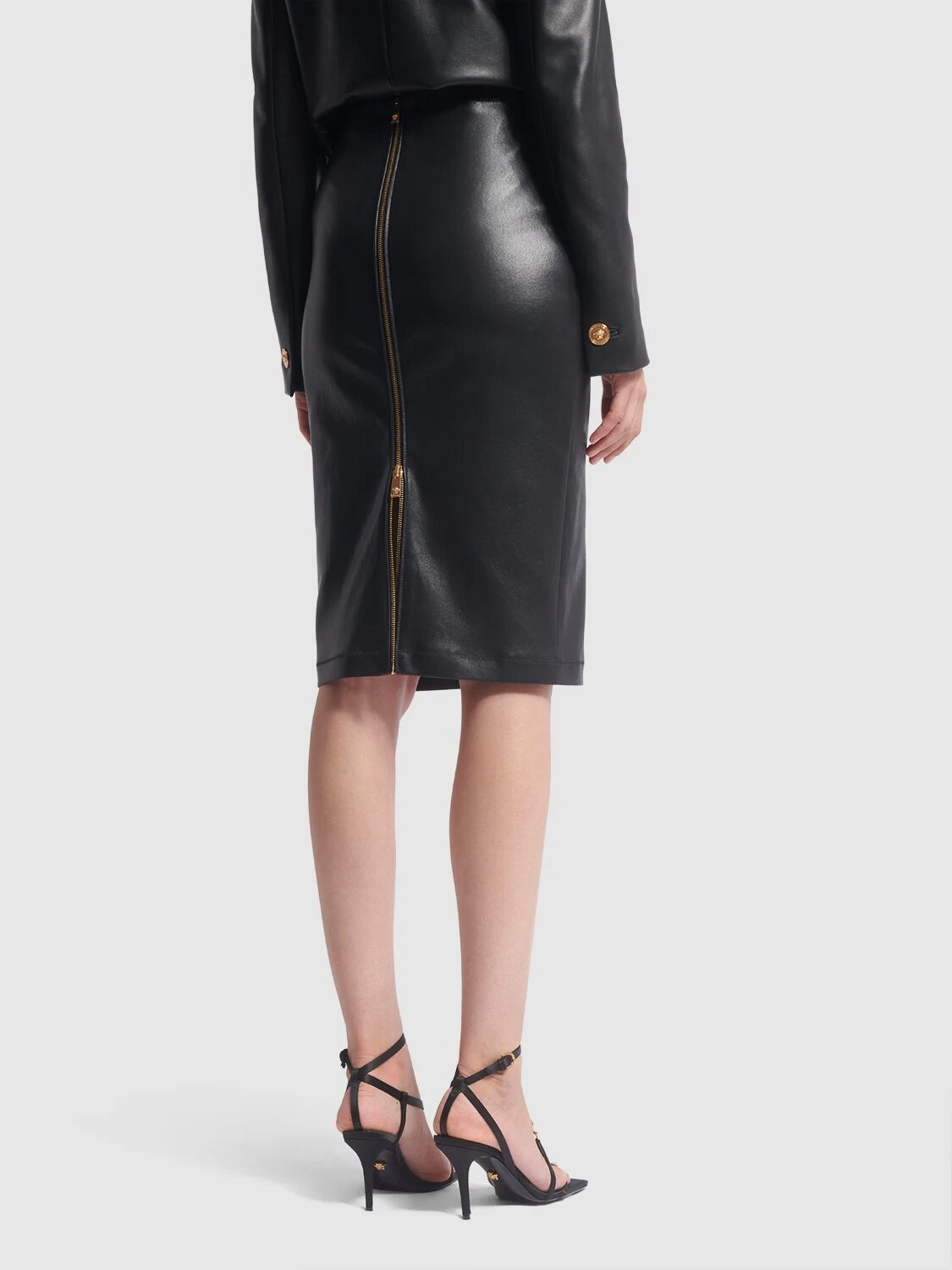 Shiny stretch leather midi skirt