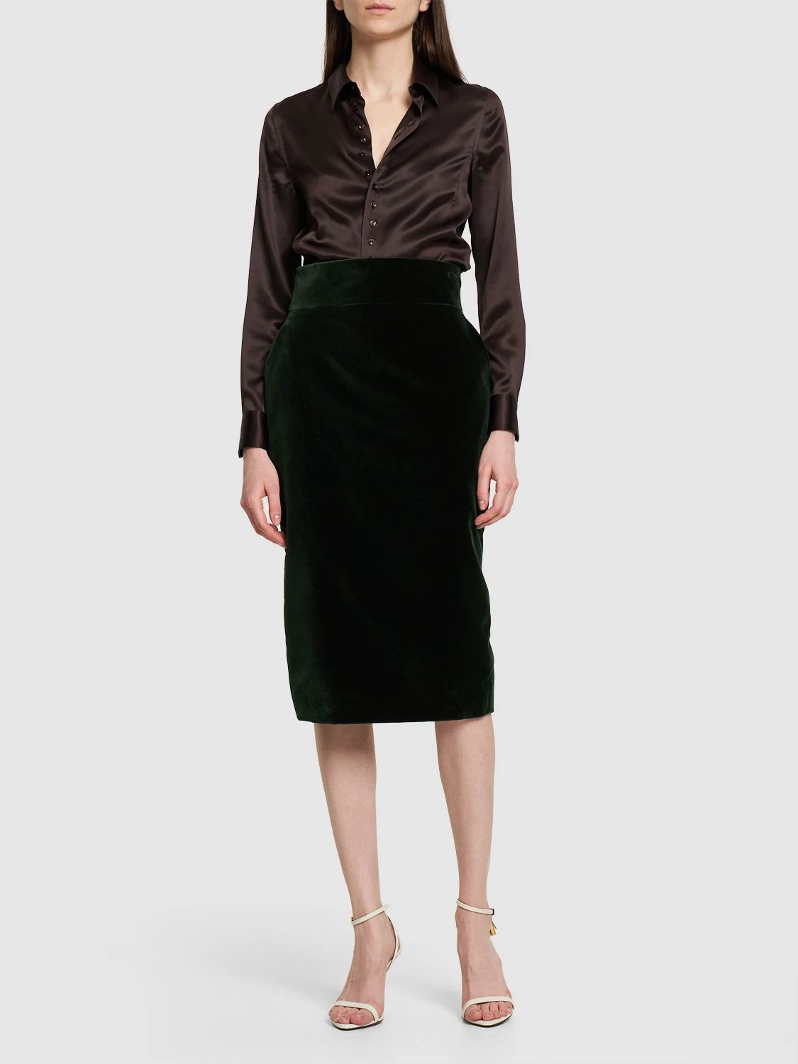 High rise cotton velvet midi skirt