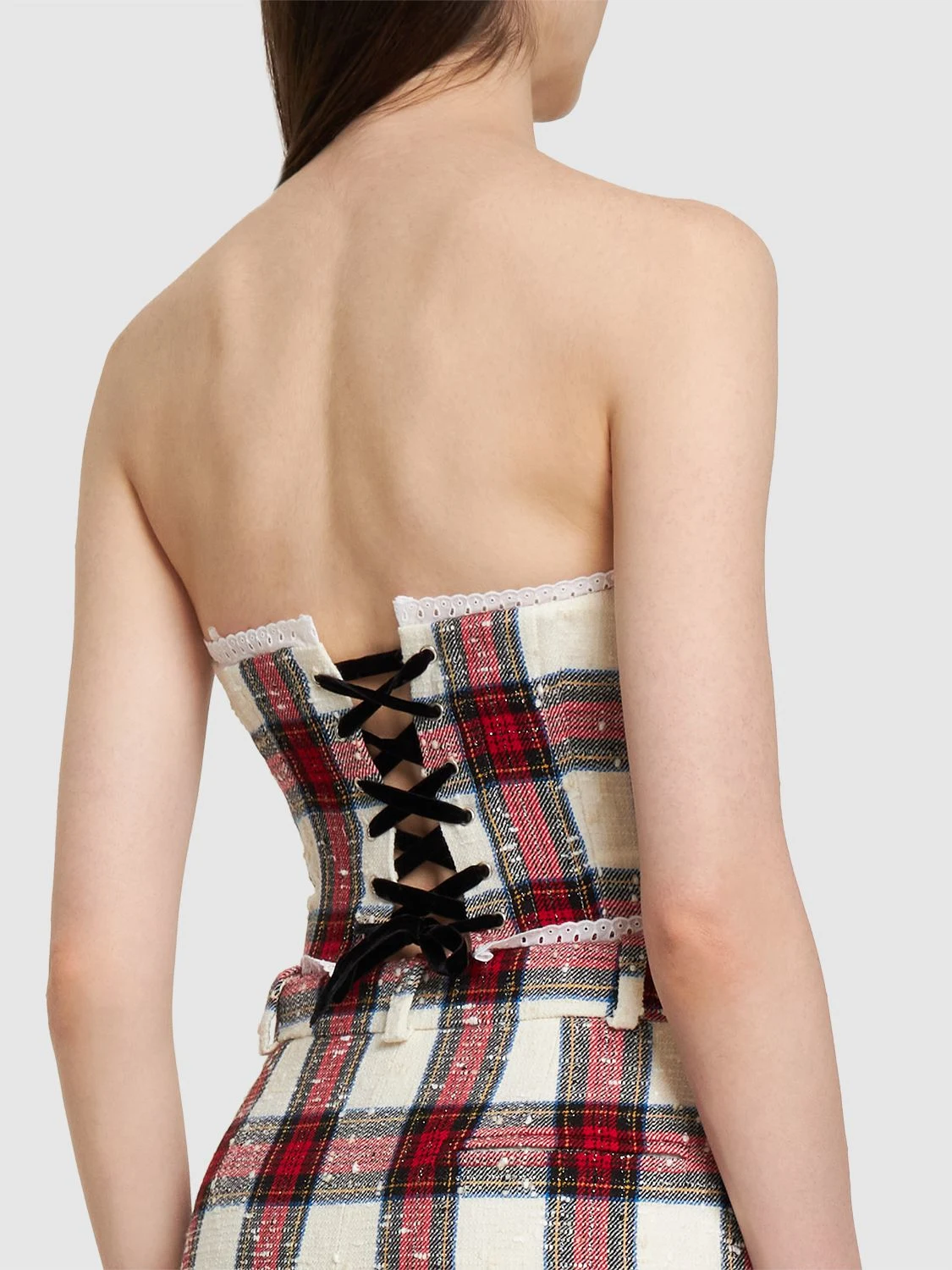 Checked lurex bustier w/ buckles