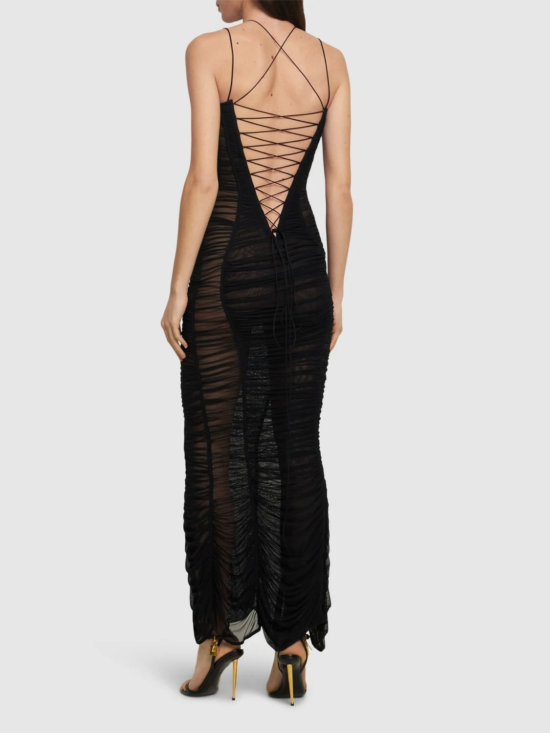 Draped mesh long dress