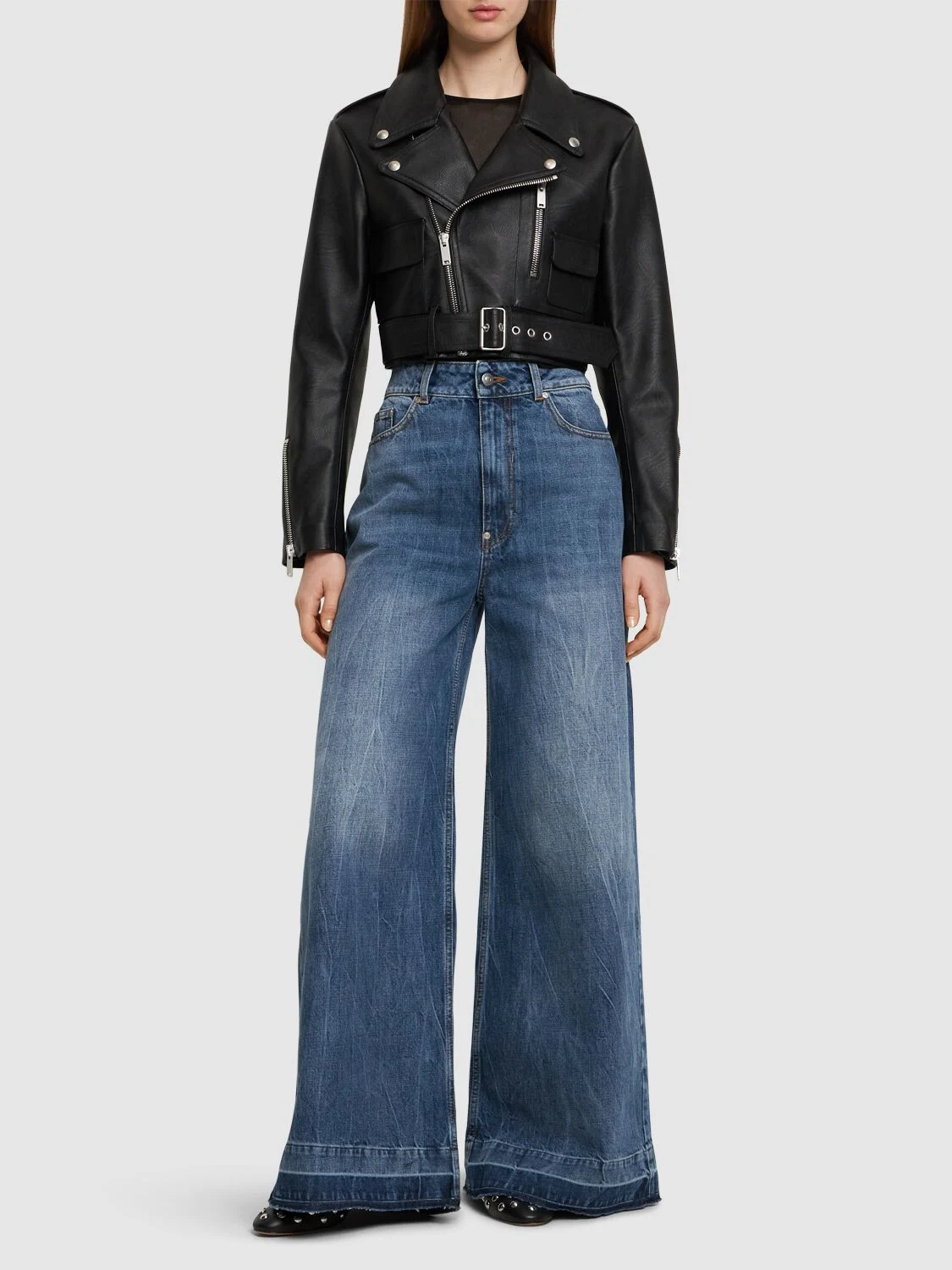 Belted cropped biker jacket