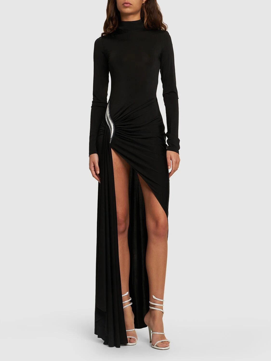 Draped shiny fluid jersey long dress