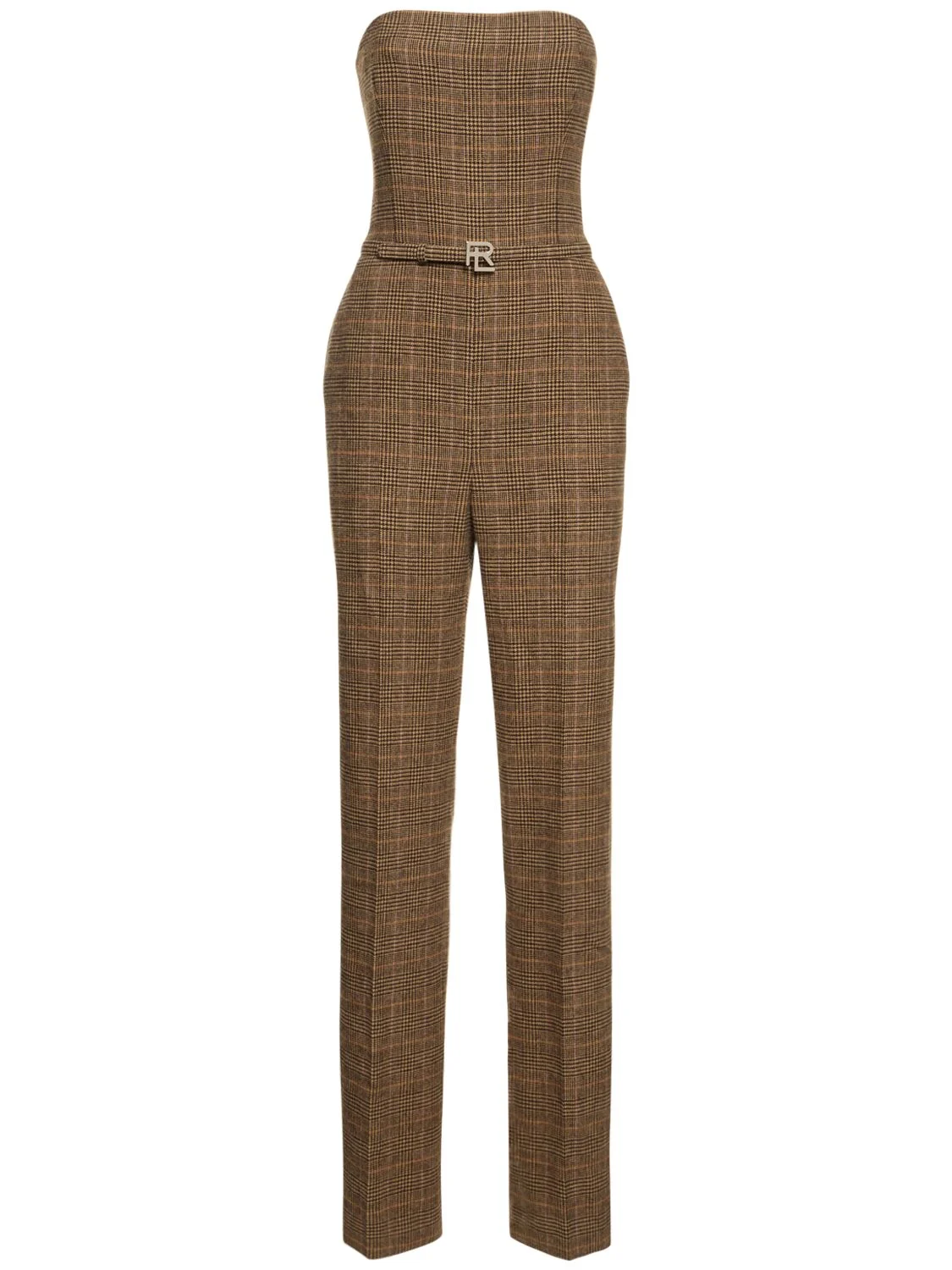 Checked wool twill strapless jumpsuit