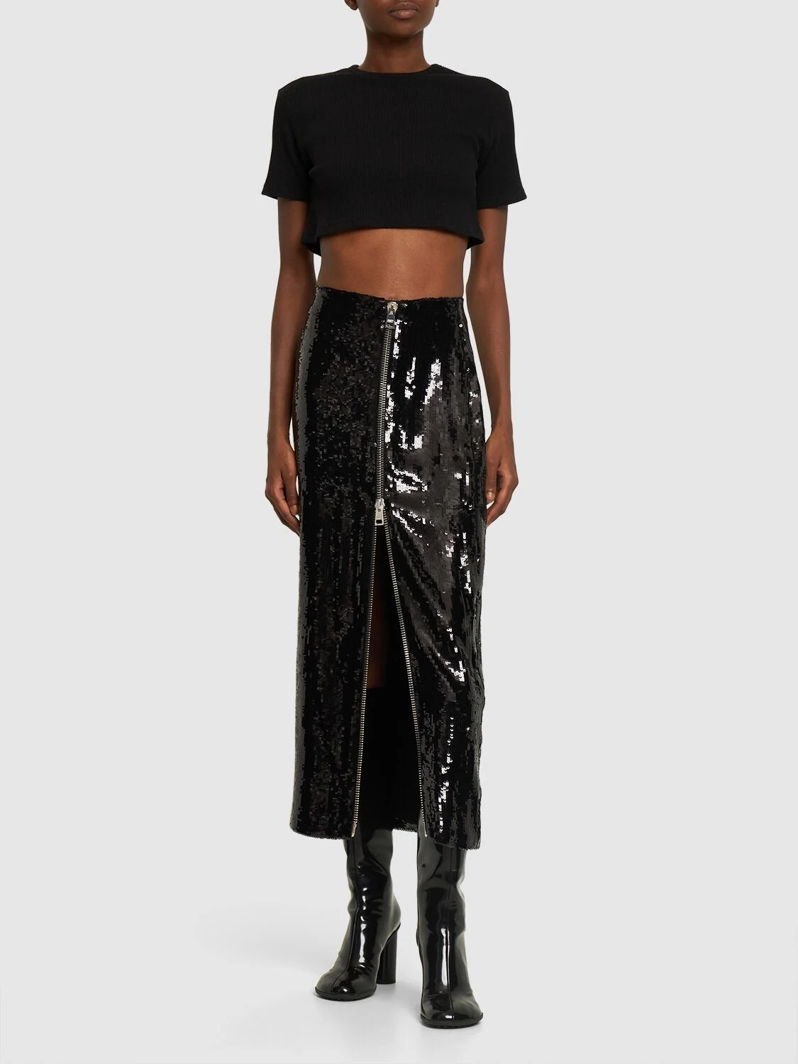 Sequined high rise zip midi skirt