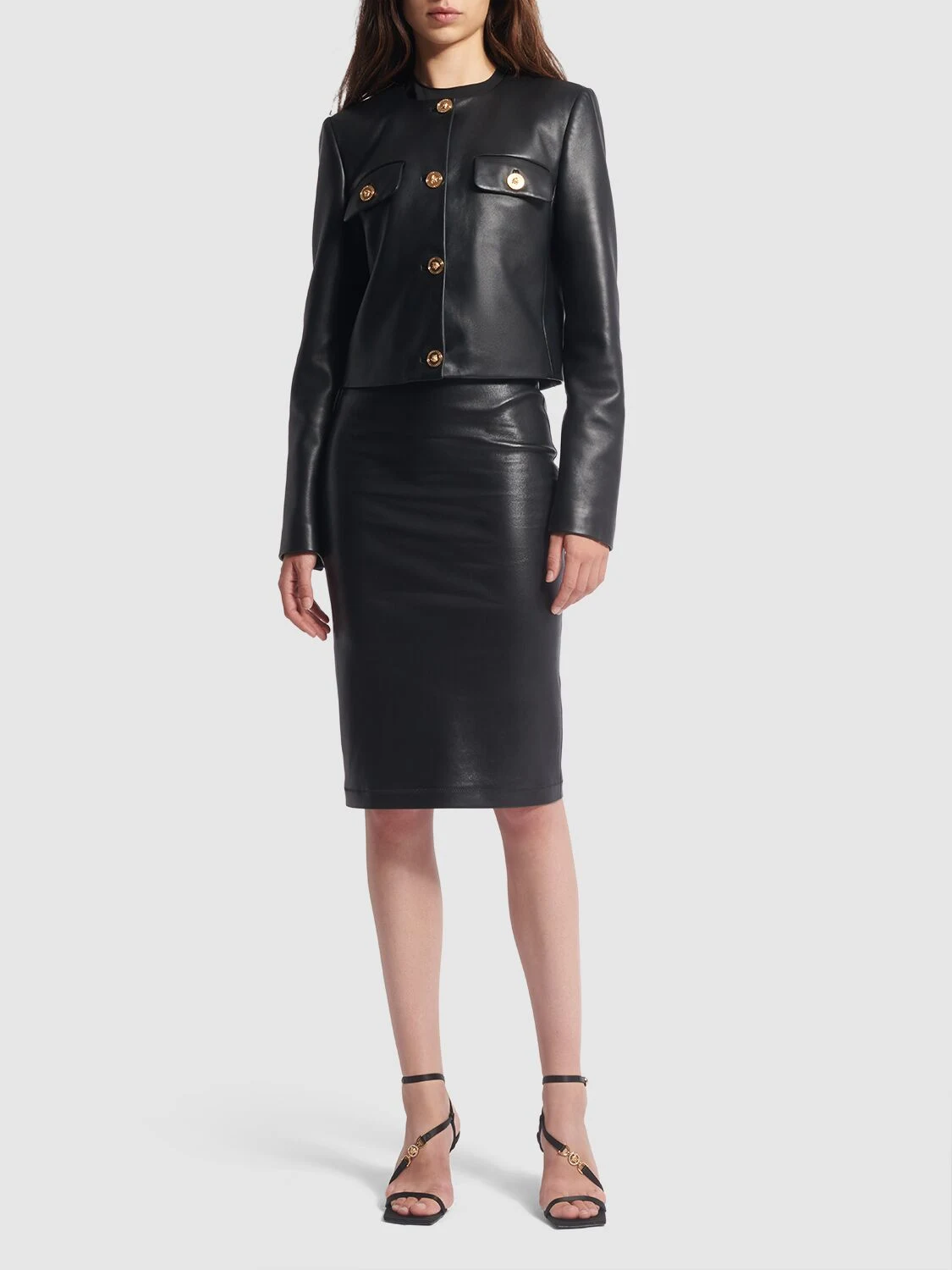 Shiny stretch leather midi skirt