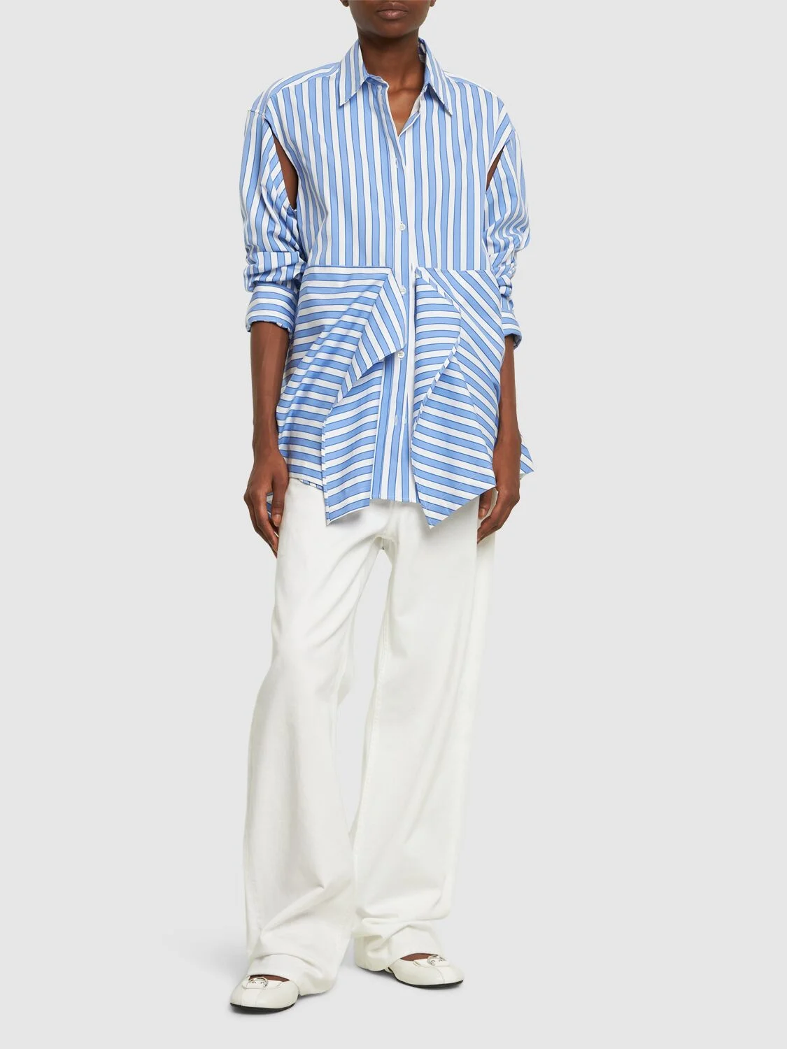 Striped cotton poplin peplum drape shirt