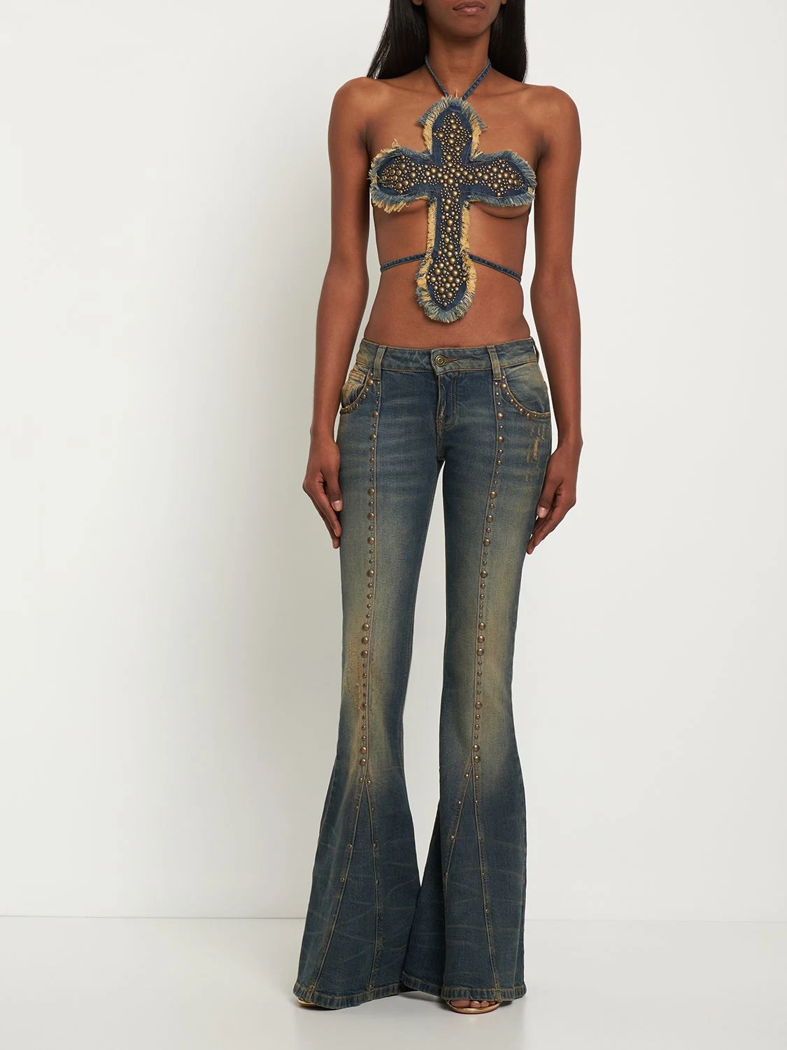 Denim studded cross top