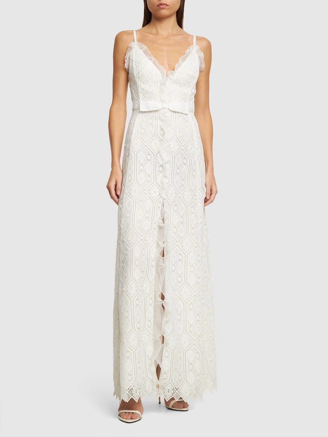 Macramé ruched maxi dress w/ bow