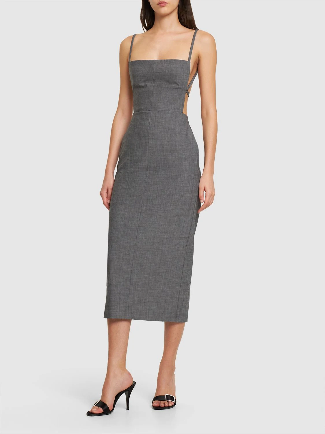 Stretch wool self-tie midi dress