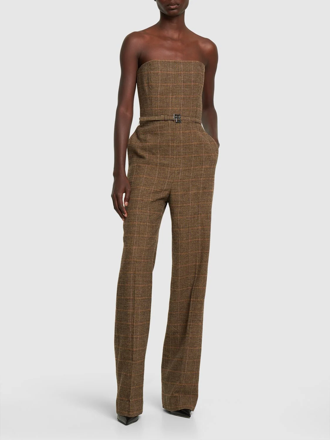 Checked wool twill strapless jumpsuit