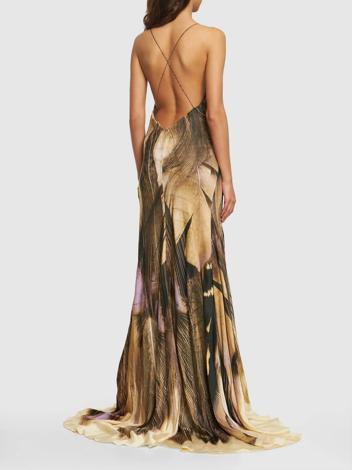 Printed viscose satin long dress