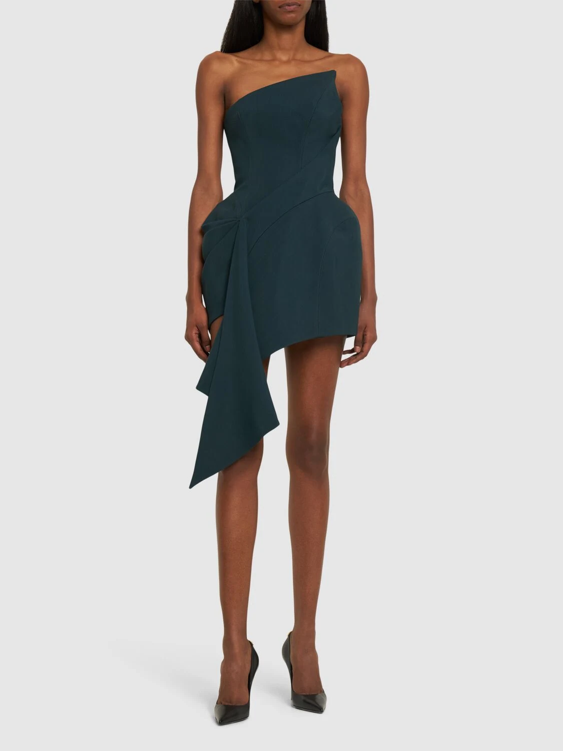 Asymmetrical draped cady mini dress