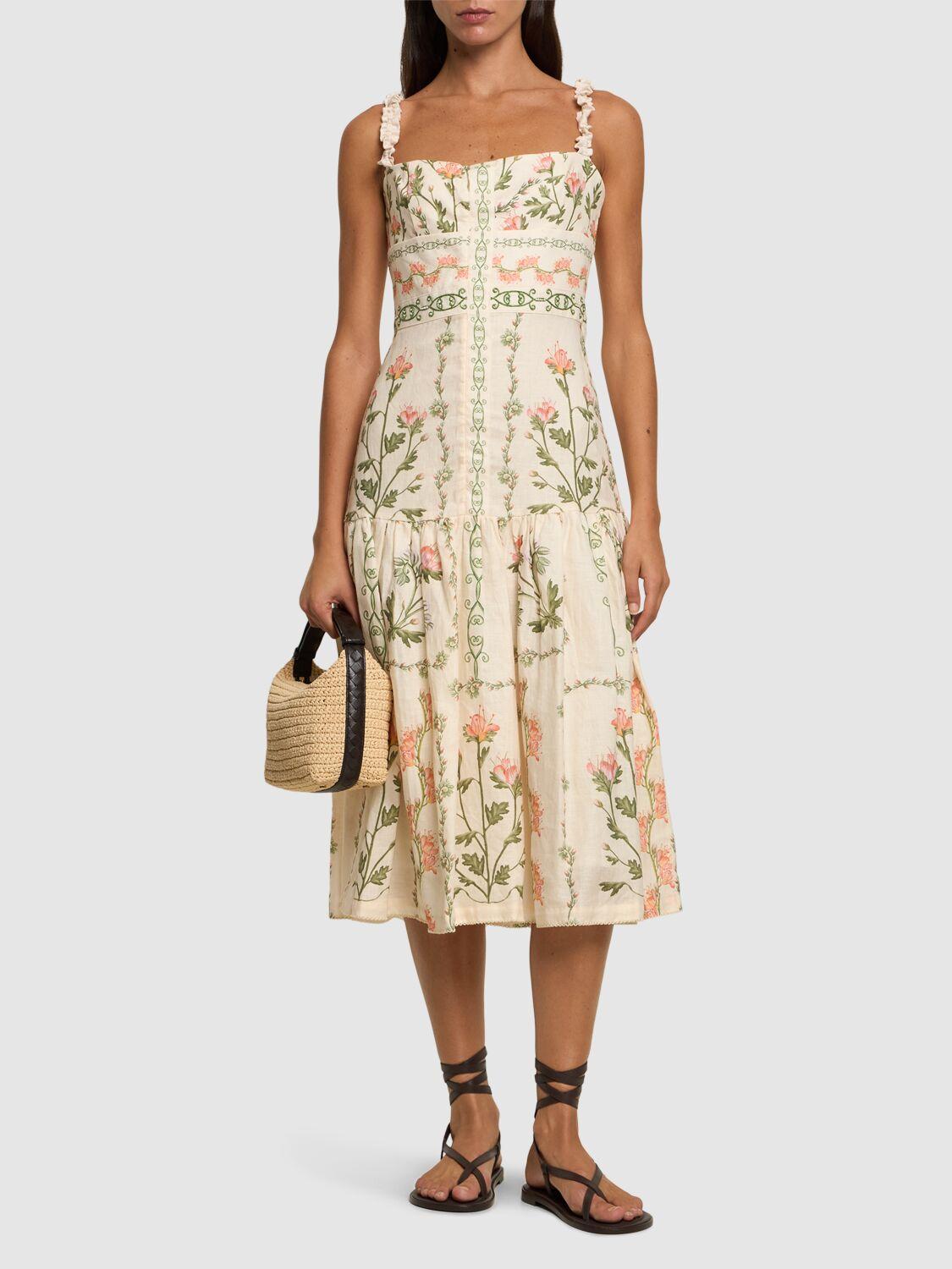 Nispero flowers linen midi dress