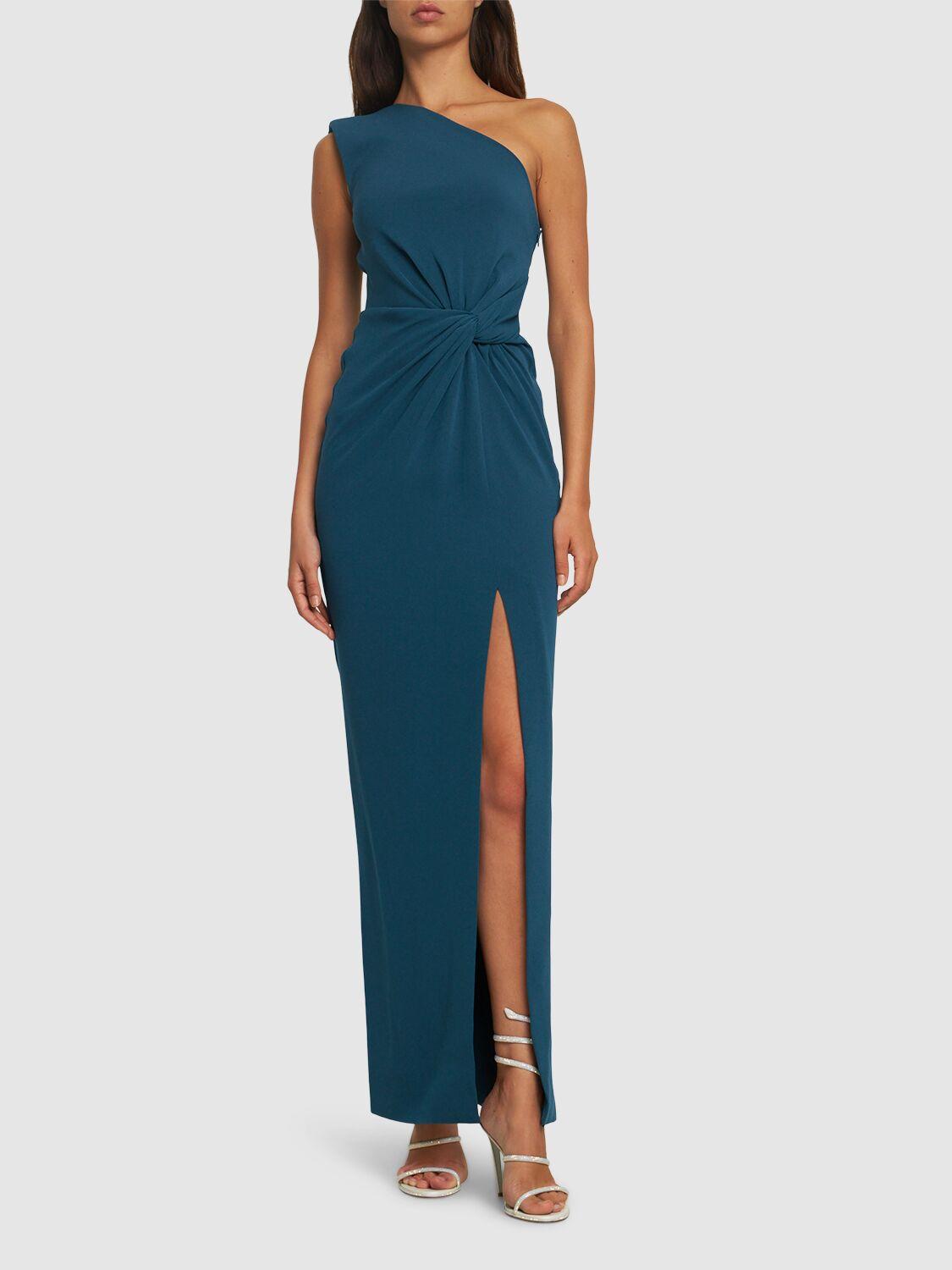 Asymmetric satin crepe maxi dress