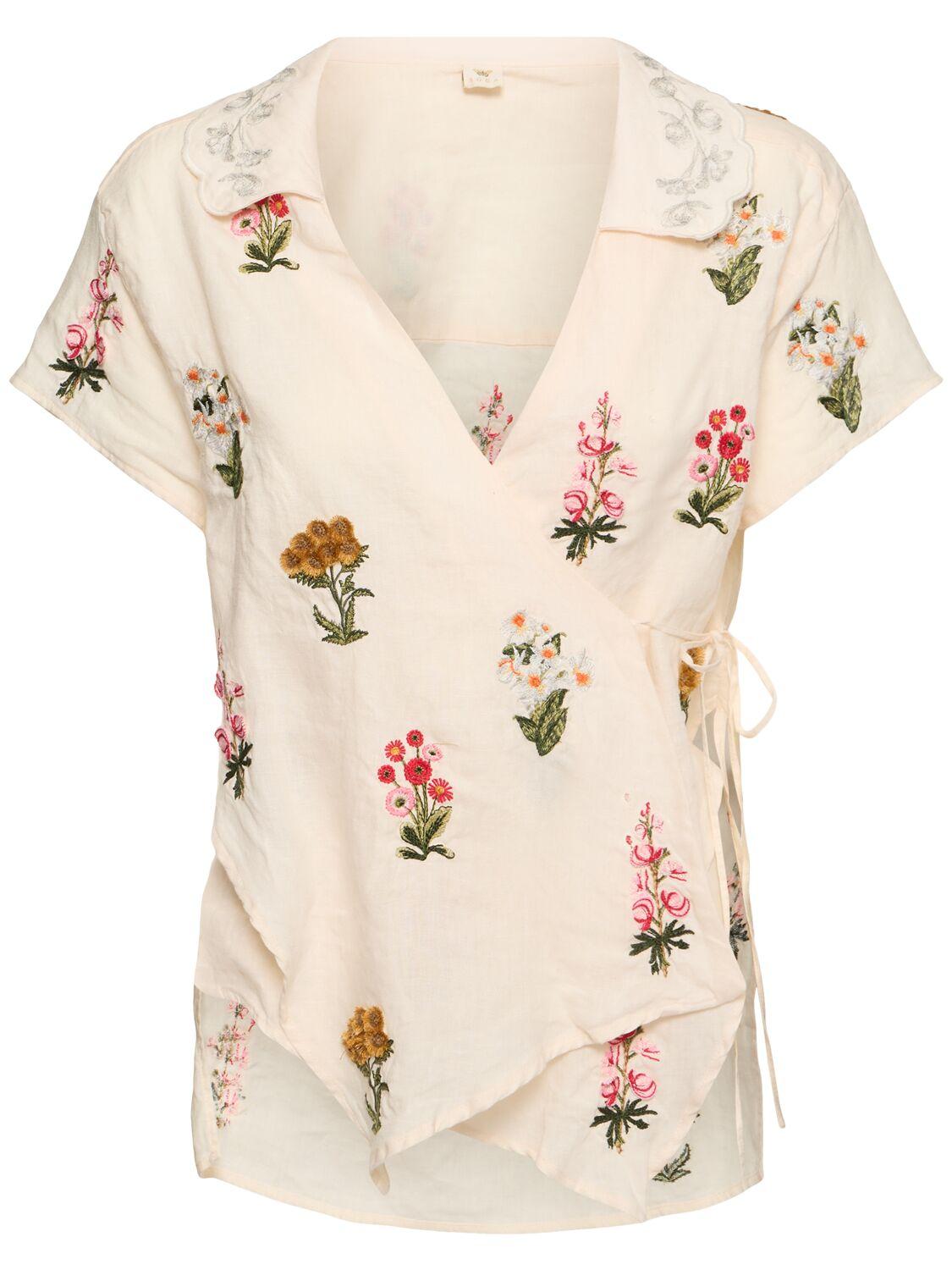 Calma embroidered linen wrap shirt