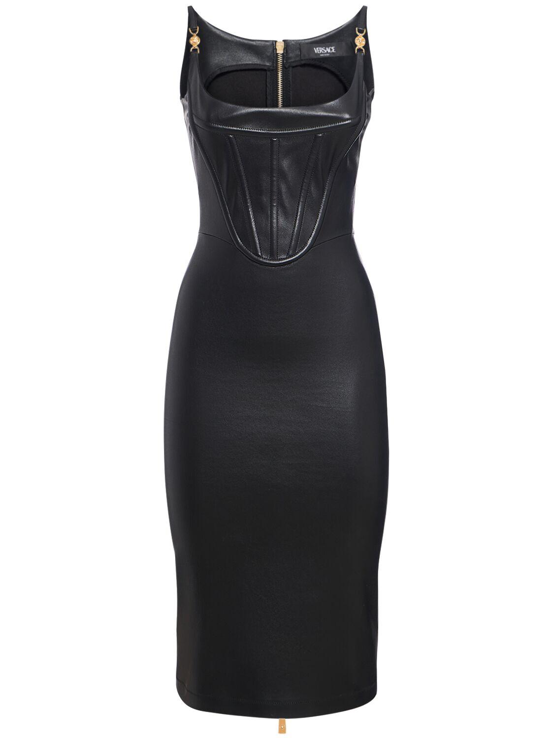 black corset-style leather midi dress