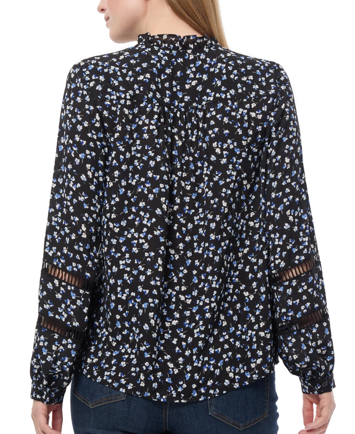 Petite Floral Print Blouson-Sleeve Button-Front Blouse