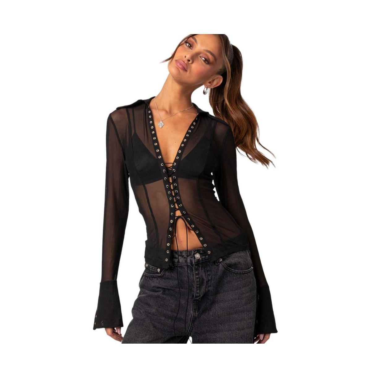 Women's Lace up sheer mesh top