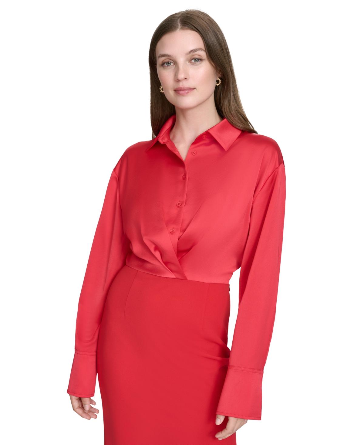 Women's Mixed Media Collared Long-Sleeve Dress