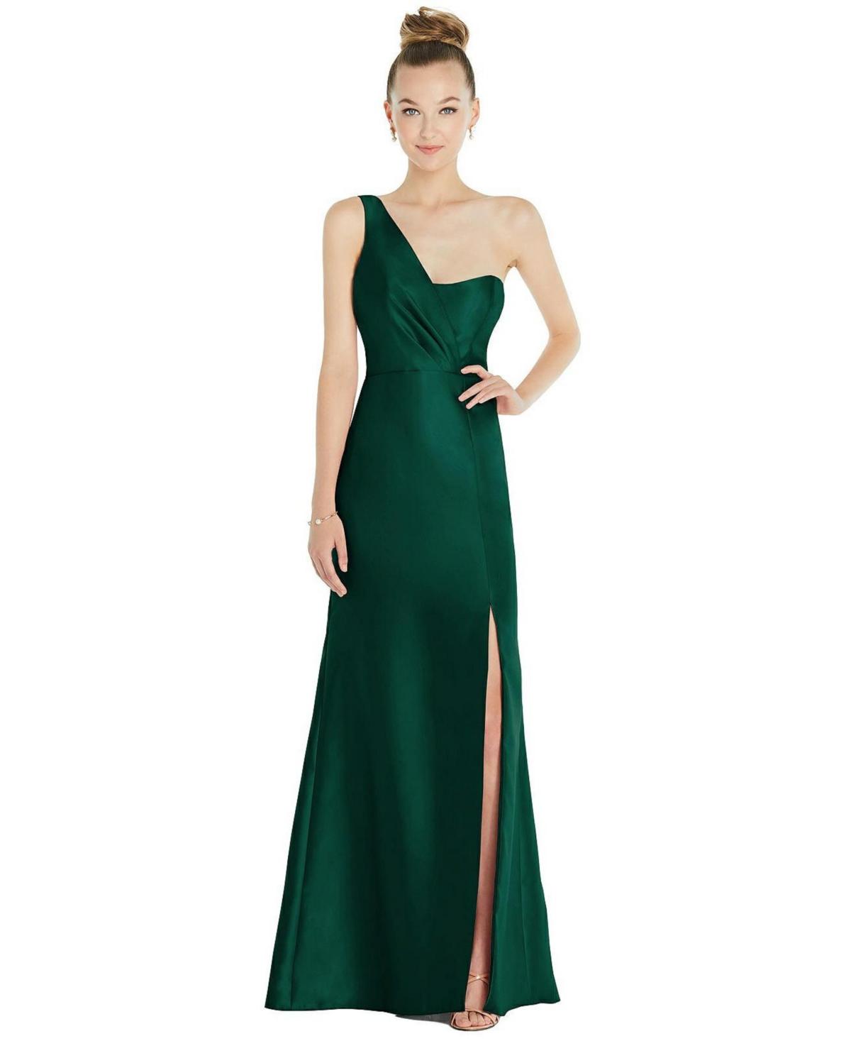 Draped One-Shoulder Satin Trumpet Gown with Front Slit