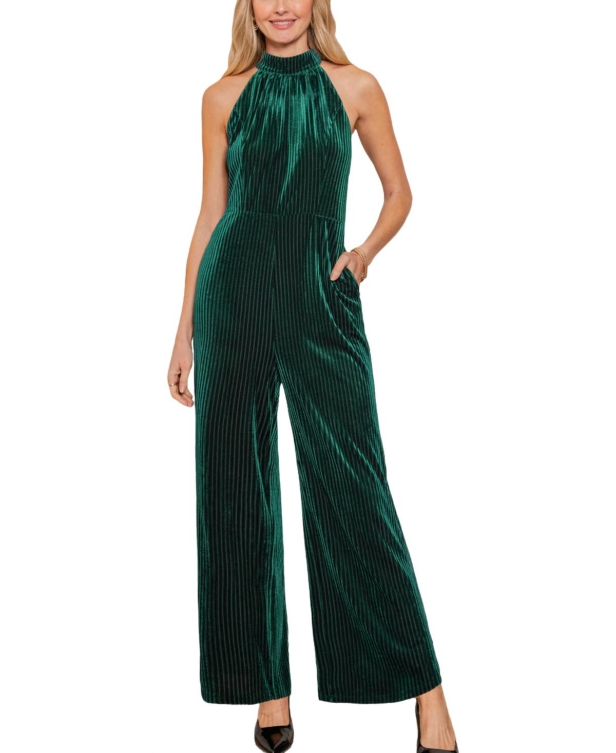 Women's Green Corduroy Sleeveless Straight Leg Jumpsuit