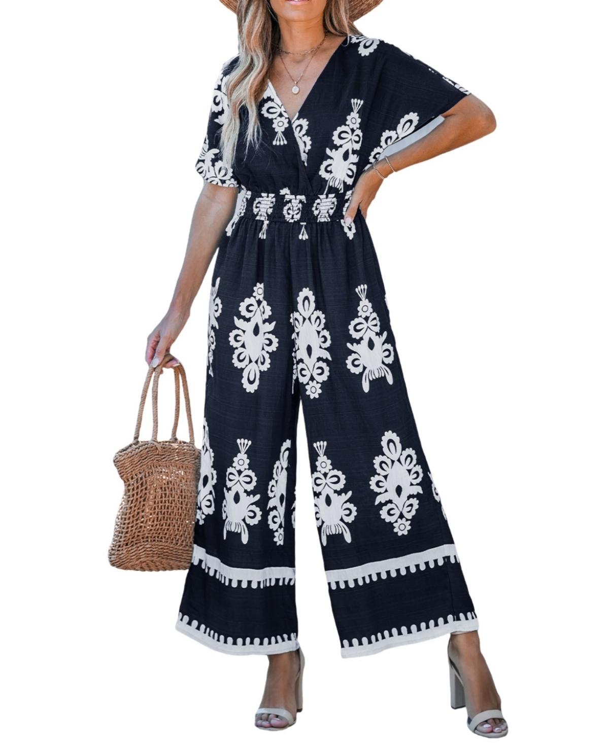 Women's Navy Smocked Waist Wide Leg Jumpsuit