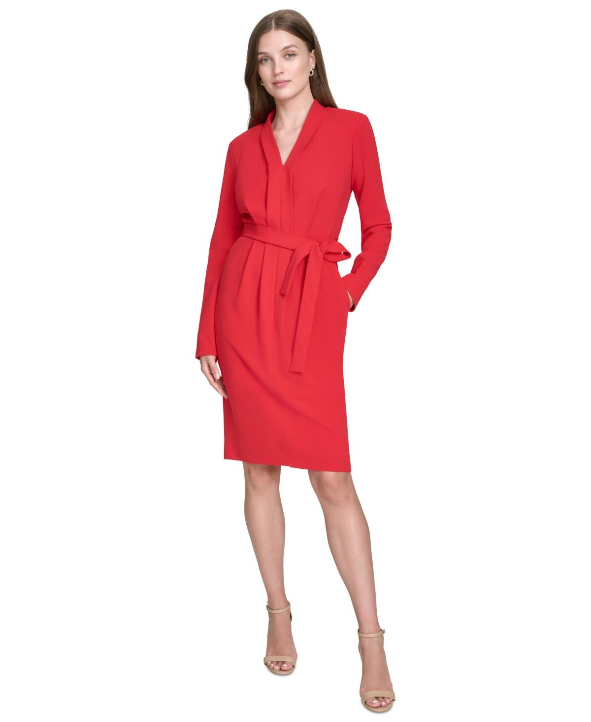 Women's V-Neck Belted Long-Sleeve Sheath Dress