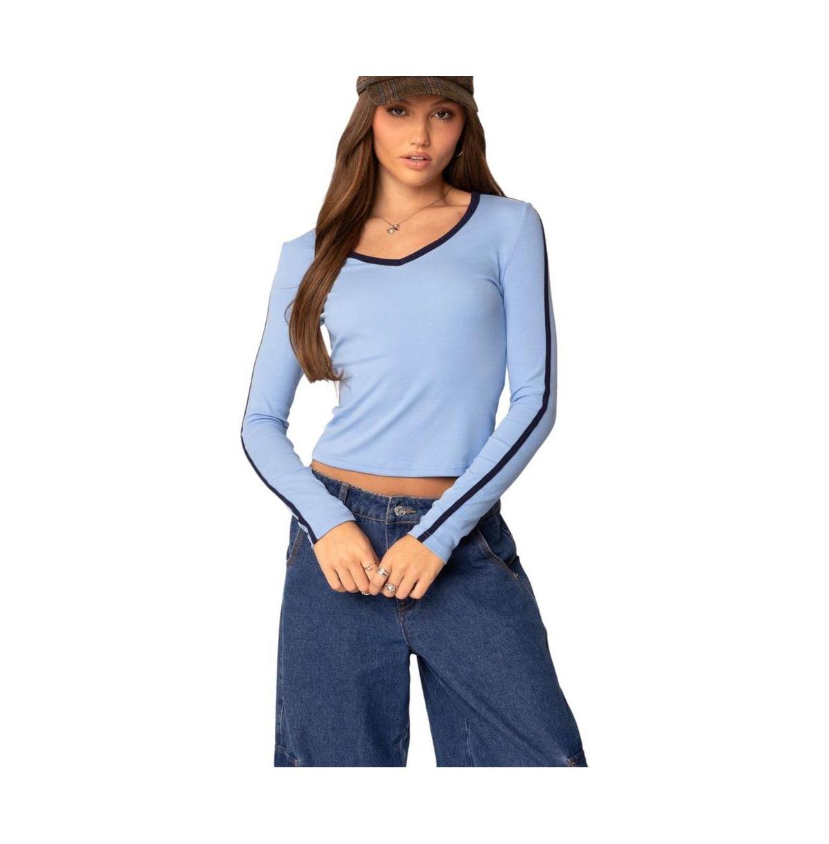 Women's Contrast V Neck Long Sleeve T Shirt