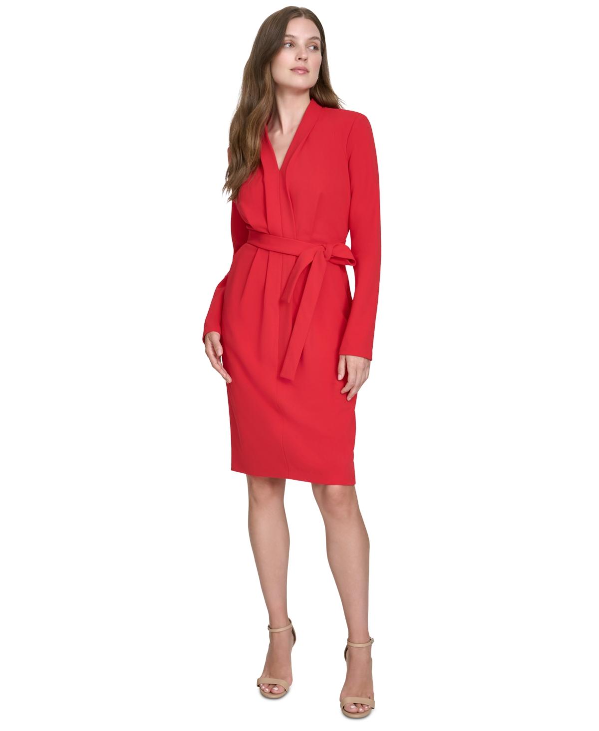 Women's V-Neck Belted Long-Sleeve Sheath Dress