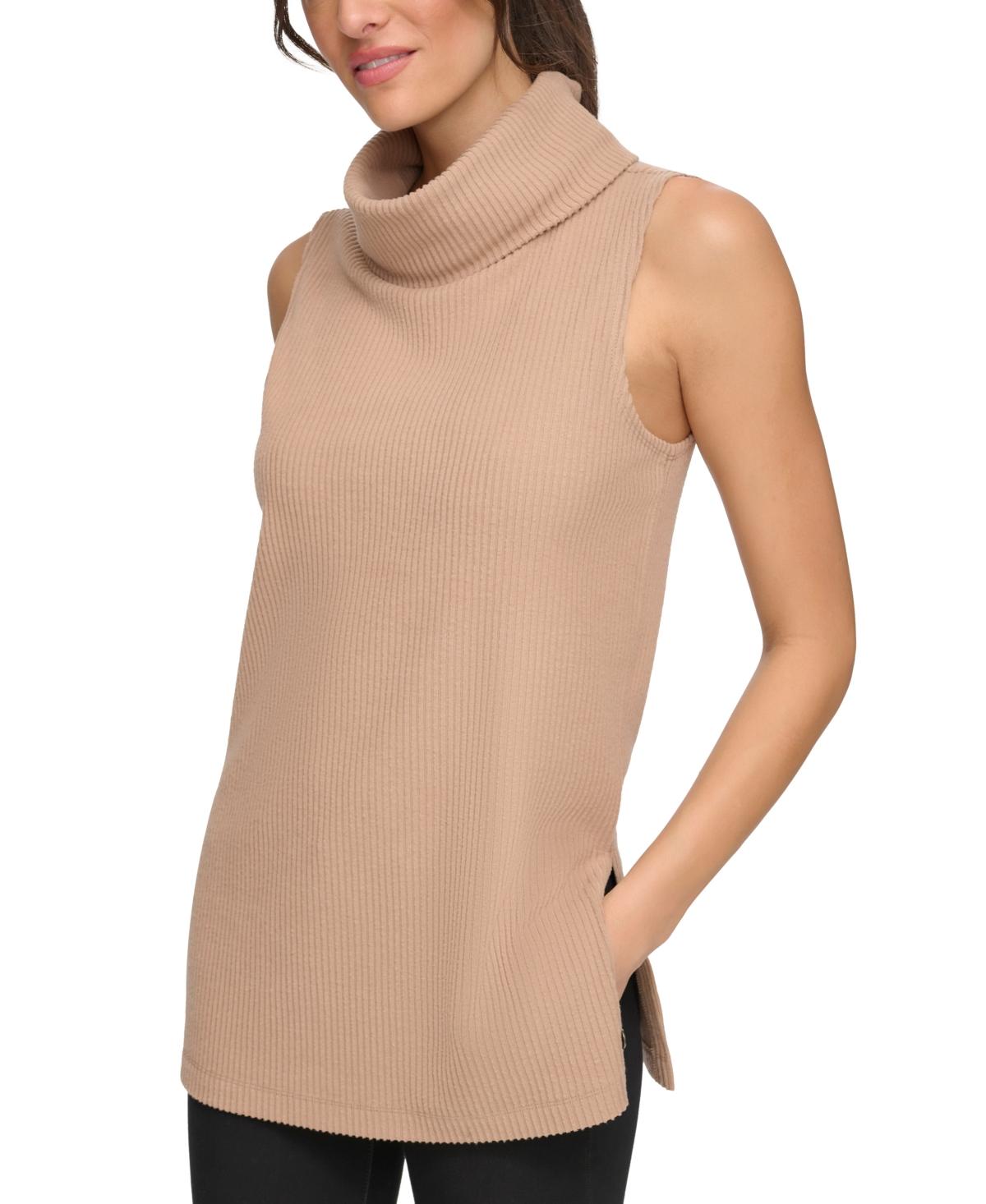 Women's Brushed Rib Sleeveless Turtleneck Tunic with Side Vents Top