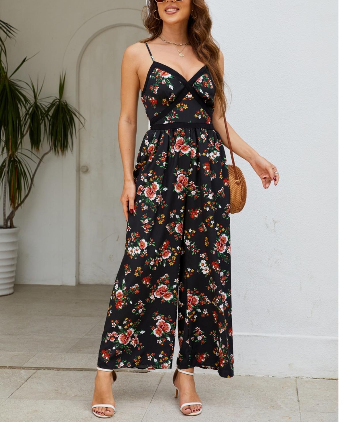 Women's Dark Floral Sleeveless V-Neck Wide Leg Jumpsuit