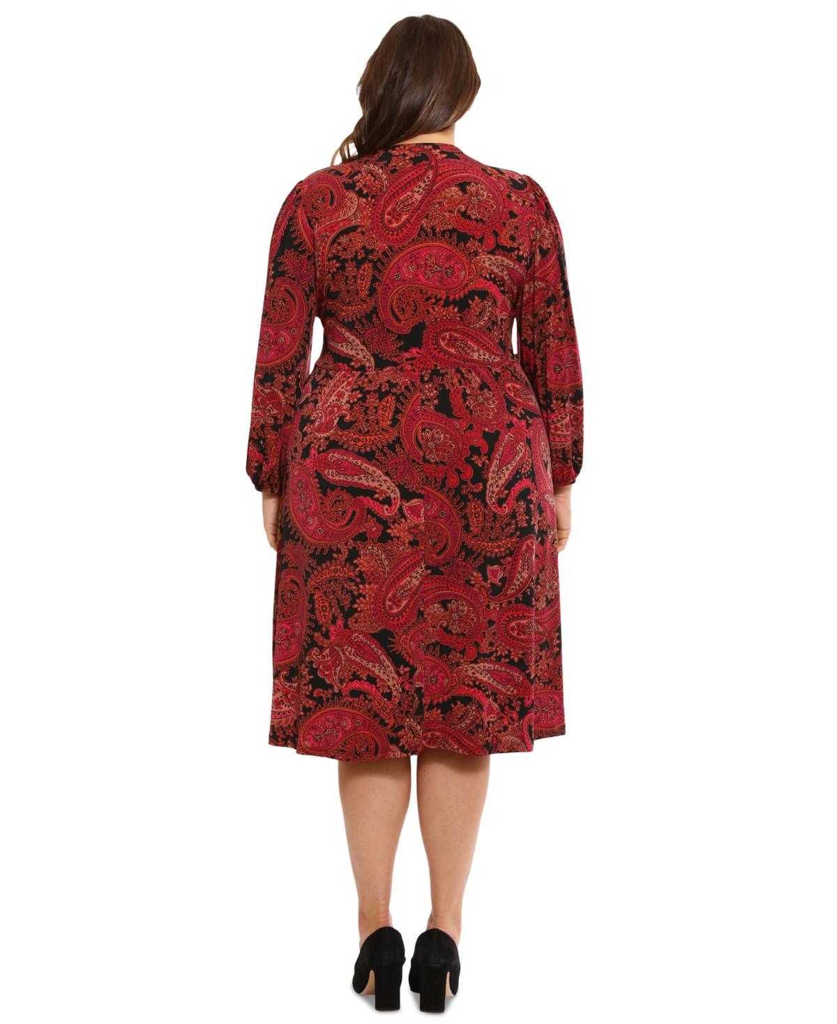 Plus Size Paisley V-Neck Long-Sleeve Midi Dress