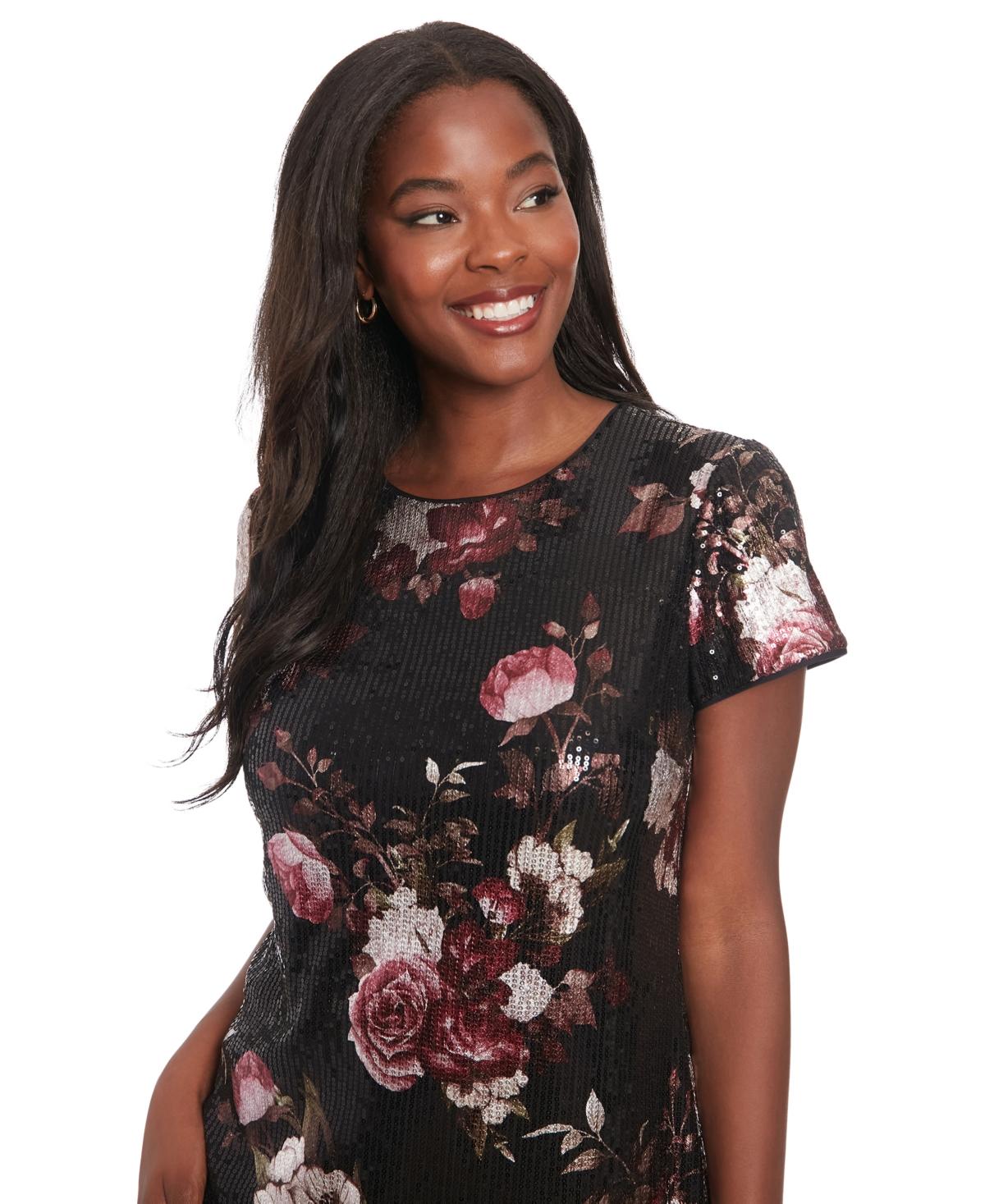 Petite Floral-Sequin Short-Sleeve Dress