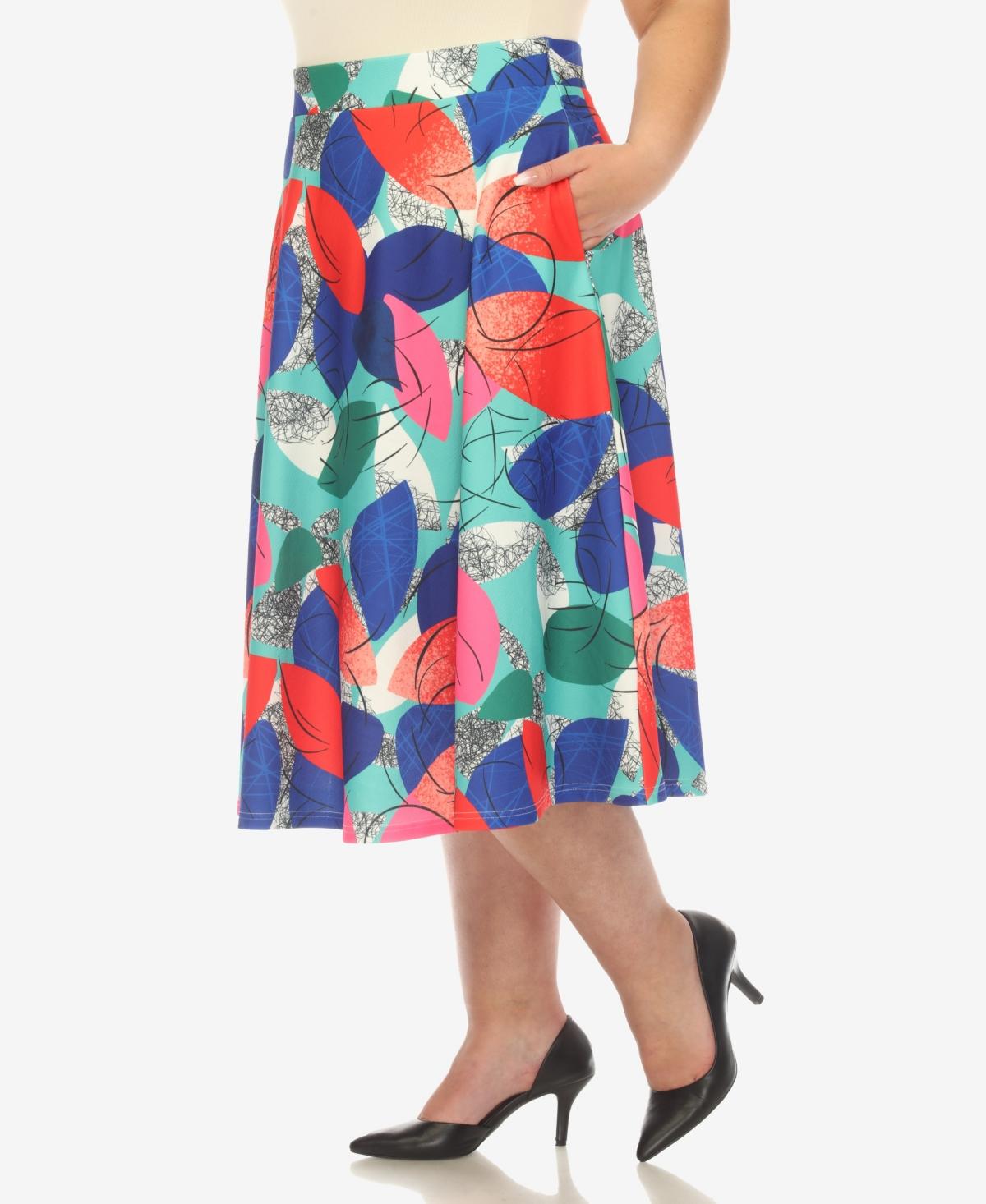 Plus Size Leaf Print Vintage Flared Midi Skirt