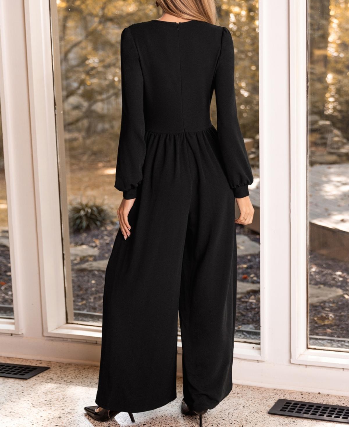 Women's Plunging Long Sleeve Wide Leg Jumpsuit