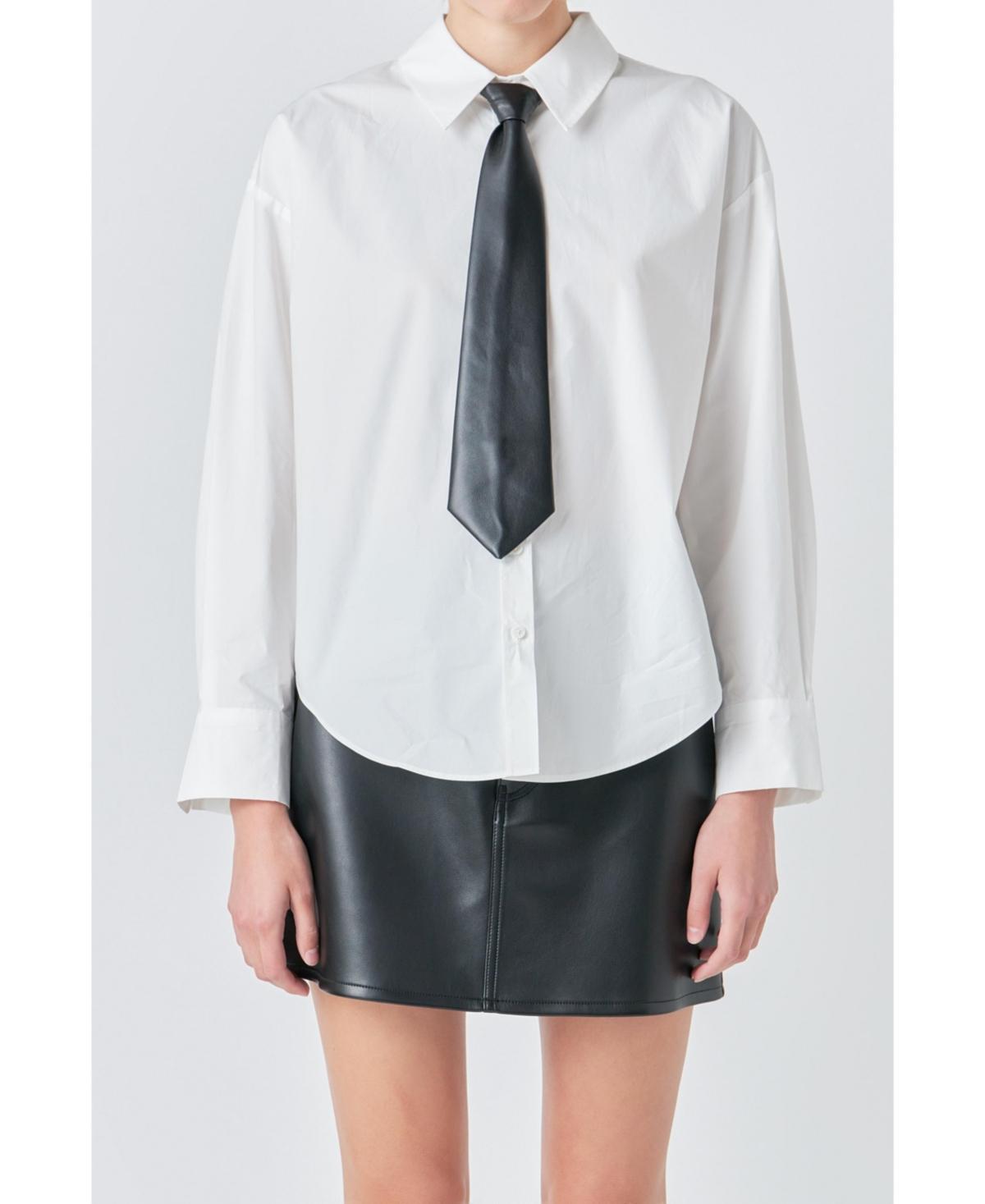 Women's Shirt with Faux Leather Necktie