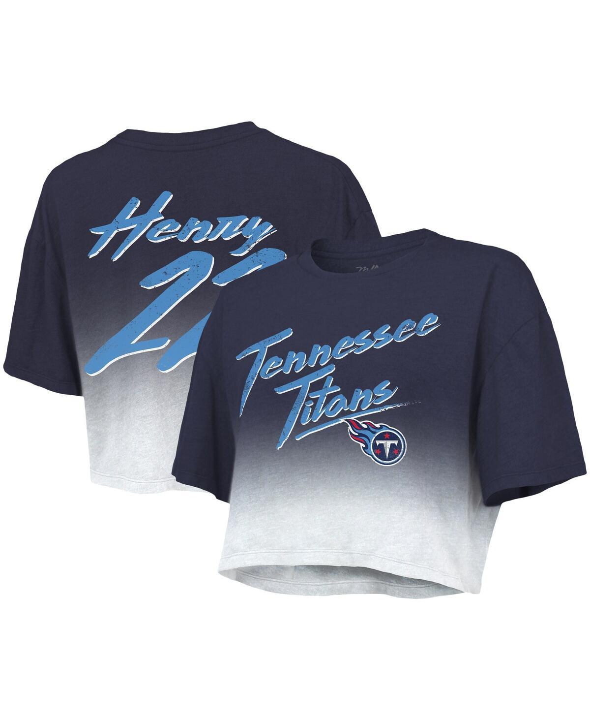 Women's Threads Derrick Henry Navy, White Tennessee Titans Drip-Dye Player Name and Number Tri-Blend Crop T-shirt