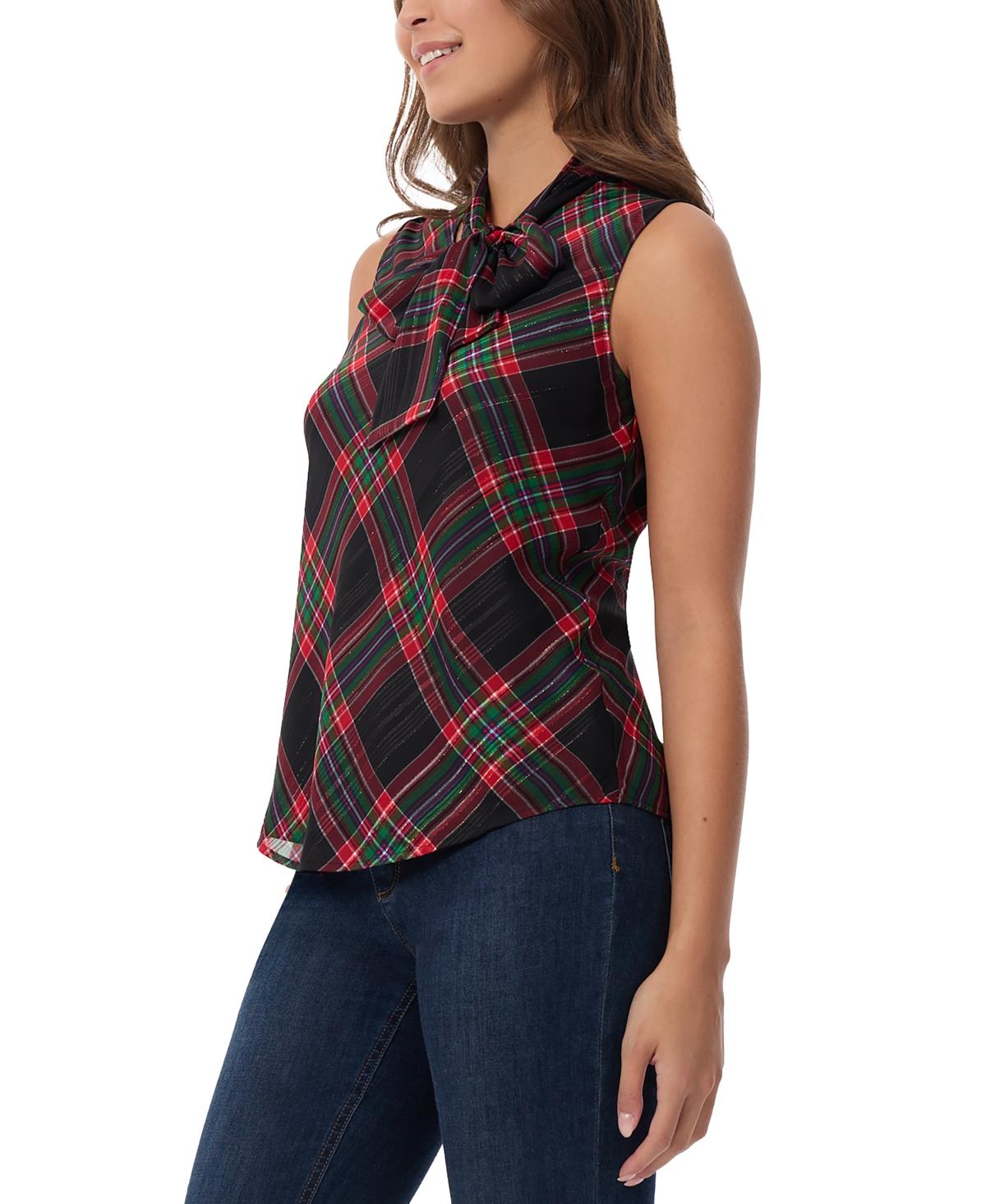 Women's Plaid Tie-Neck Sleeveless Top